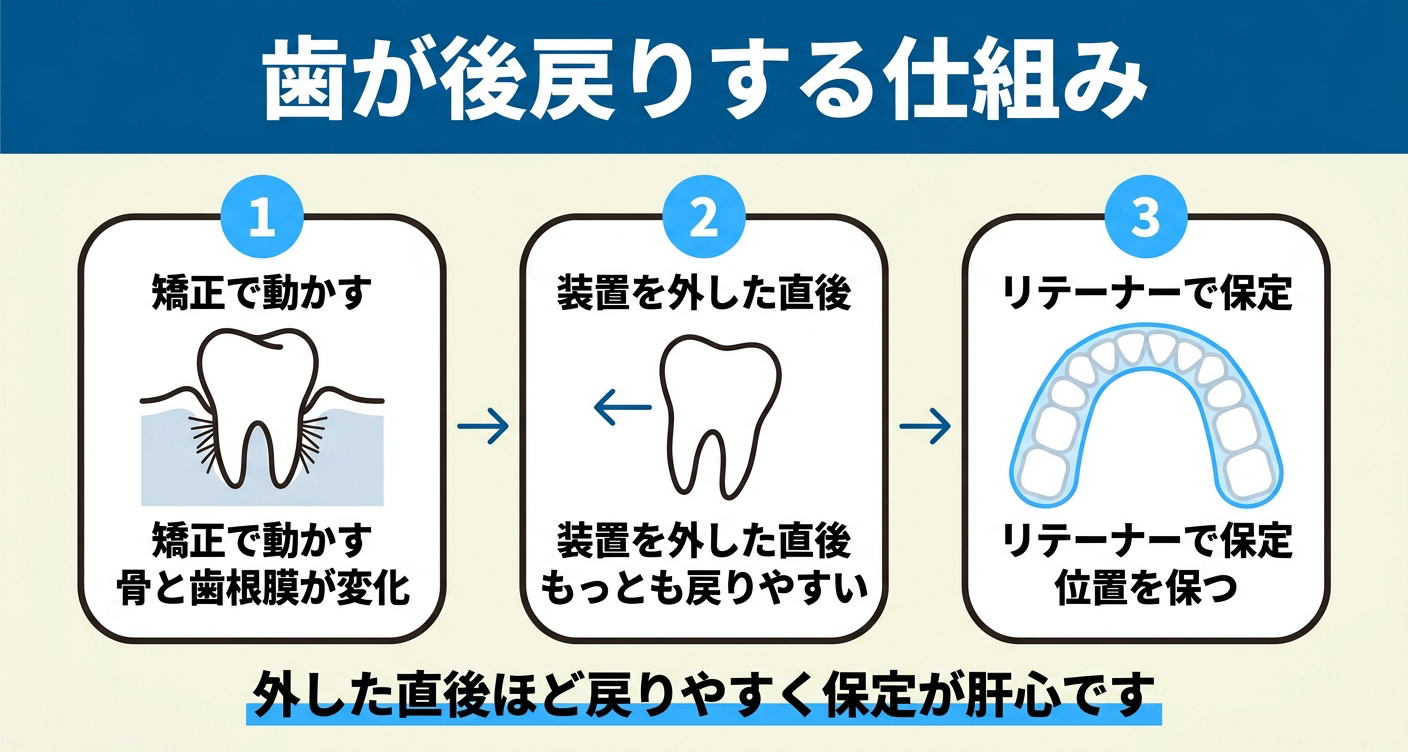 歯列矯正の後戻りが起こる仕組みを3段階で示した図解。矯正で骨と歯根膜が変化し、装置を外した直後が戻りやすく、リテーナーで保定して位置を保つ流れを、歯やマウスピース型リテーナーの抽象シルエットで表している。