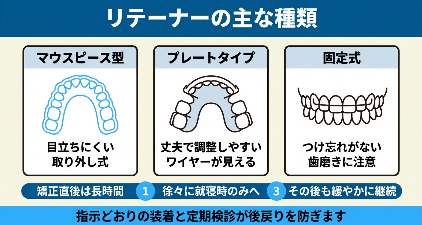 歯列矯正の後戻りを抑えるリテーナーの種類と保定期間を整理した図解。マウスピース型・プレートタイプ・固定式の特徴を並べ、矯正直後は長時間装着し徐々に就寝時のみへ移行してその後も継続する流れと、指示どおりの装着と定期検診が後戻り対策に役立つことを示す。