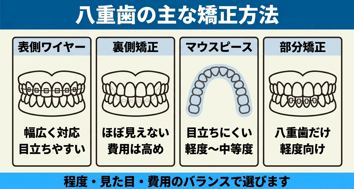 八重歯の歯列矯正の治療法を表側ワイヤー・裏側矯正・マウスピース・部分矯正の4つで比較した図解。幅広く対応するワイヤー、目立たない裏側、目立ちにくいマウスピース、八重歯だけの部分矯正を並べ、程度・見た目・費用のバランスで選ぶことを示す歯科イラスト。