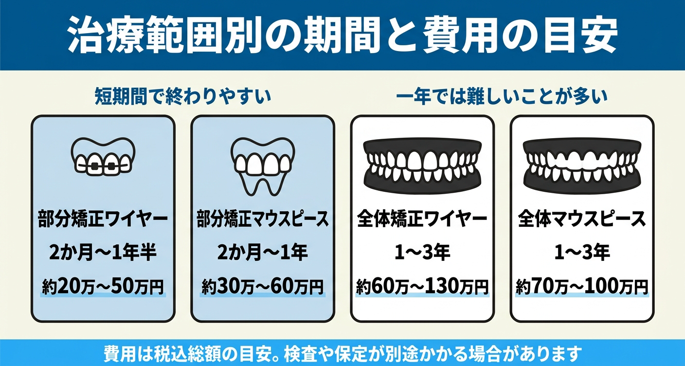 歯列矯正の期間と費用を部分矯正・全体矯正・裏側矯正で整理した図解