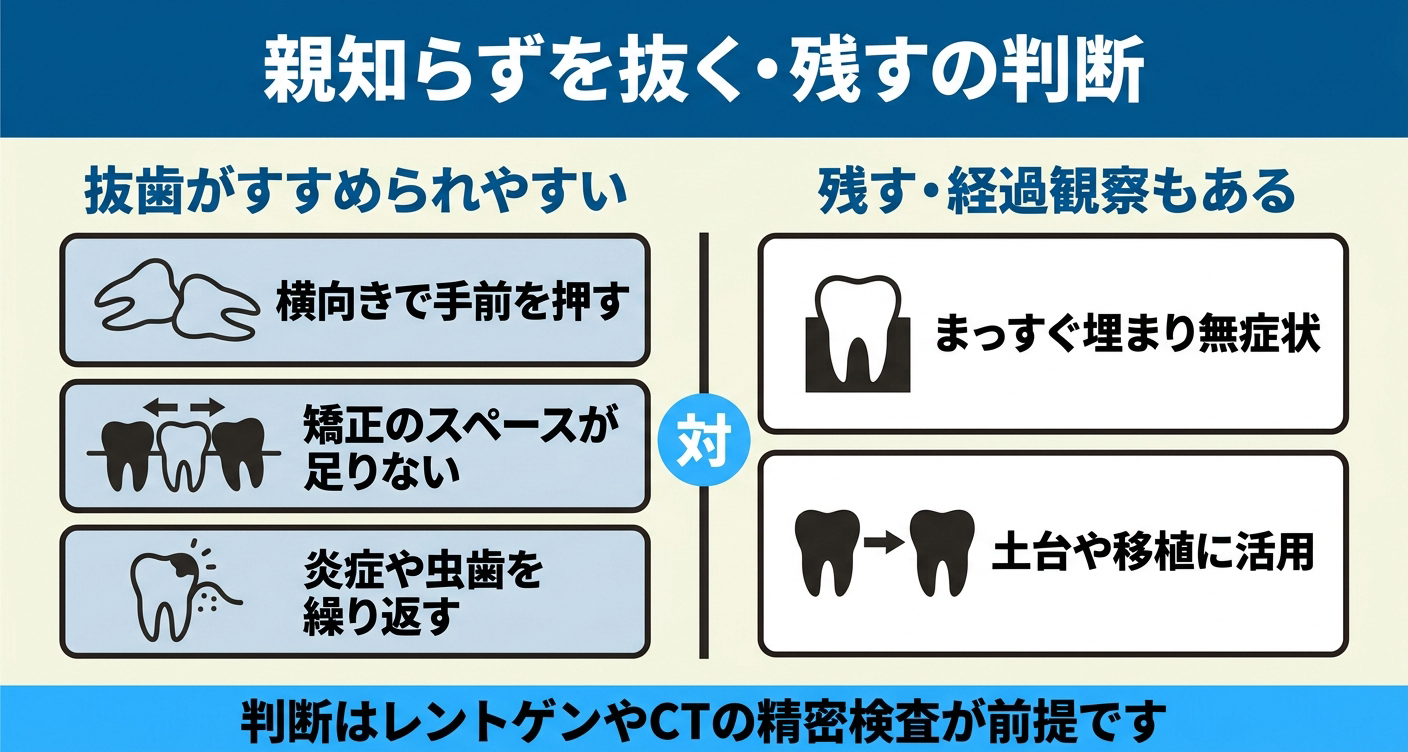 埋まっている親知らずを抜くか残すかの判断基準を整理した図解