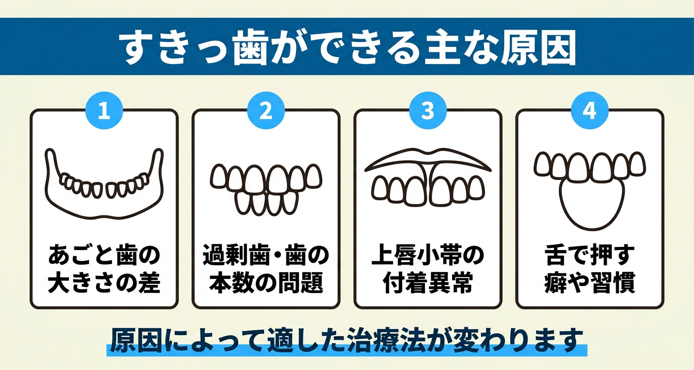 すきっ歯ができる主な原因をあごと歯の大きさ・歯の本数・上唇小帯・舌の癖で整理した図解