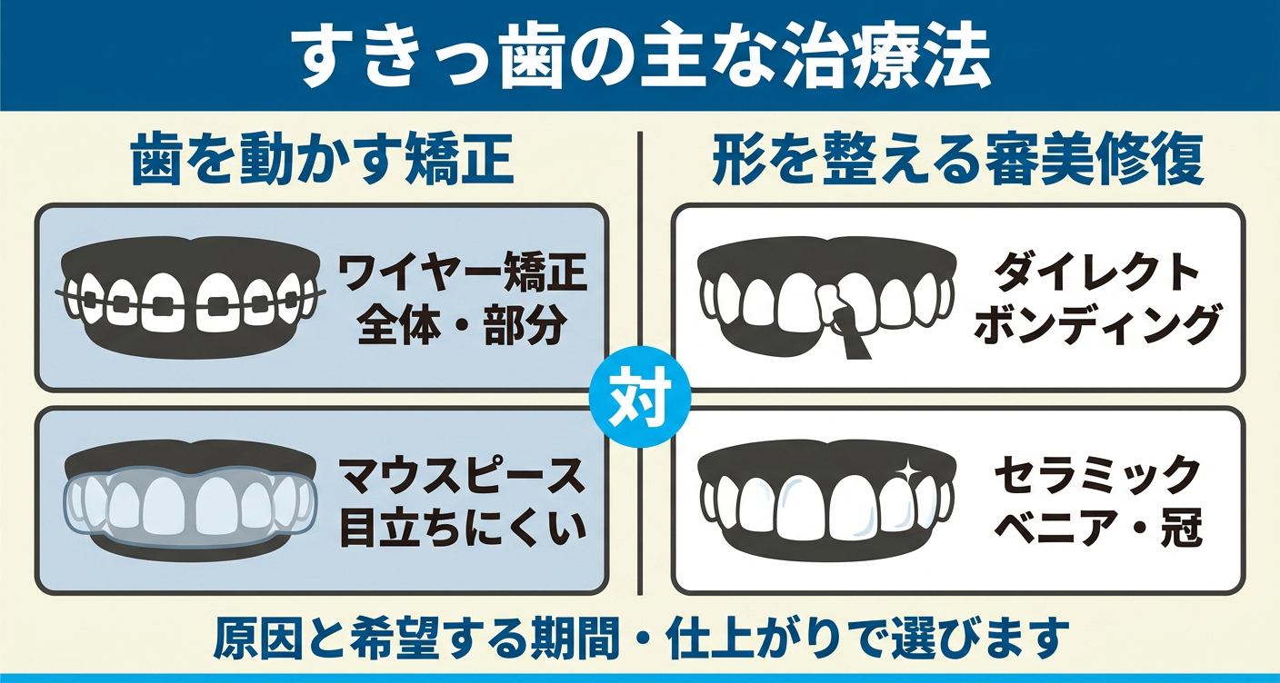 すきっ歯の治療法を歯を動かす矯正と形を整える審美修復で比較した図解