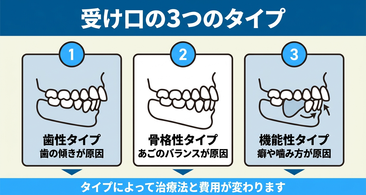 受け口(反対咬合)を歯性・骨格性・機能性の3タイプで比較した図解
