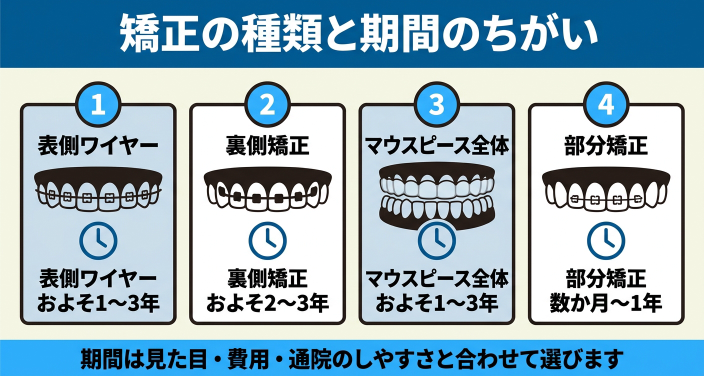 歯列矯正の種類別に表側ワイヤー・裏側矯正・マウスピース・部分矯正の期間を比較した図解
