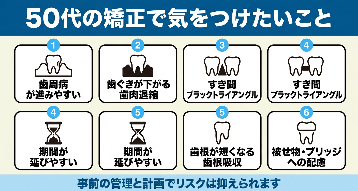 50代の歯列矯正で注意すべき点を整理した図解