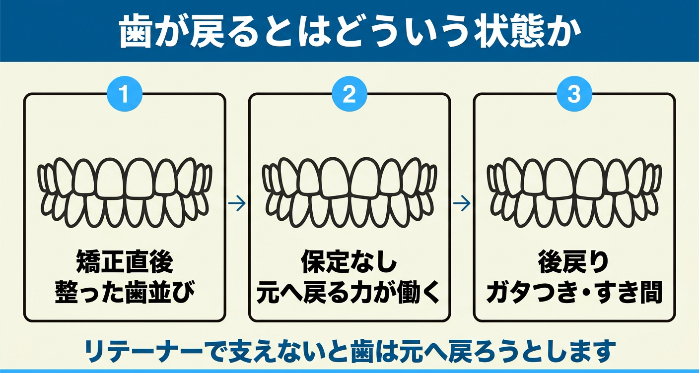 歯列矯正後に歯が戻るとはどういう状態かを3段階で示した図解。矯正直後の整った歯並びから、保定をせず元へ戻る力が働き、前歯にガタつきやすき間が出る後戻りへと進む流れを並べ、リテーナーで支えないと歯は元へ戻ろうとすることを伝える。