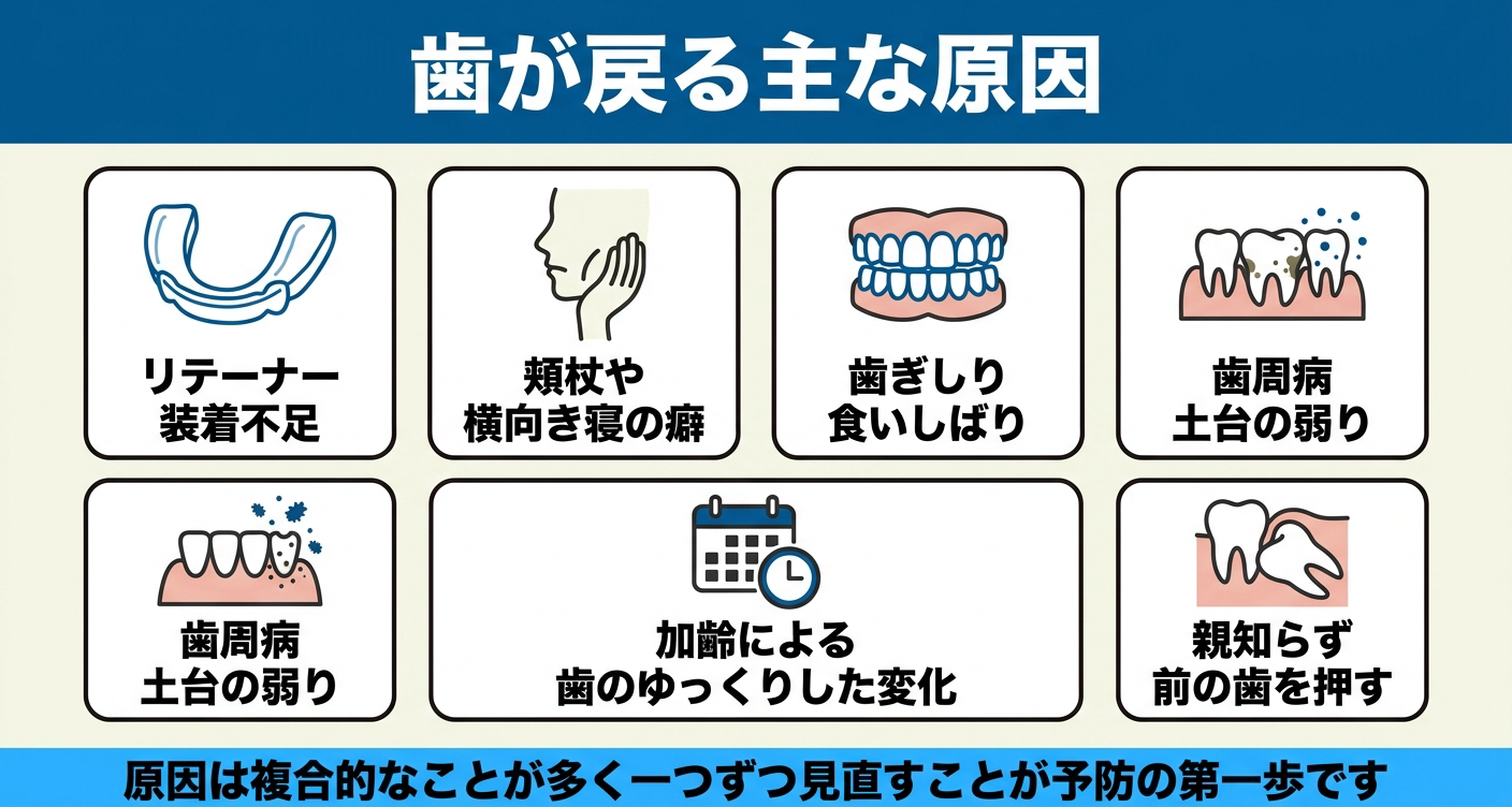 歯列矯正後に歯が戻る主な原因を6つのカードで整理した図解。リテーナーの装着不足、頬杖や横向き寝の癖、歯ぎしりや食いしばり、歯周病による土台の弱り、加齢による歯の変化、親知らずが前の歯を押す影響を並べ、後戻りの原因が複合的であることを伝える。