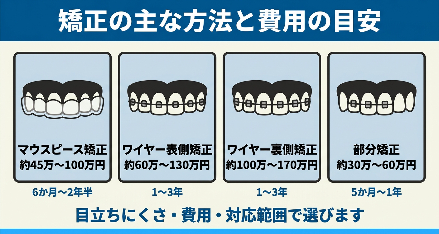 ガミースマイルの歯列矯正の主な方法と費用・期間の目安を横並びで比較した図解。マウスピース矯正・ワイヤー表側矯正・ワイヤー裏側矯正・部分矯正の税込費用相場と期間を並べ、目立ちにくさ・費用・対応範囲のバランスで選ぶことを示す。