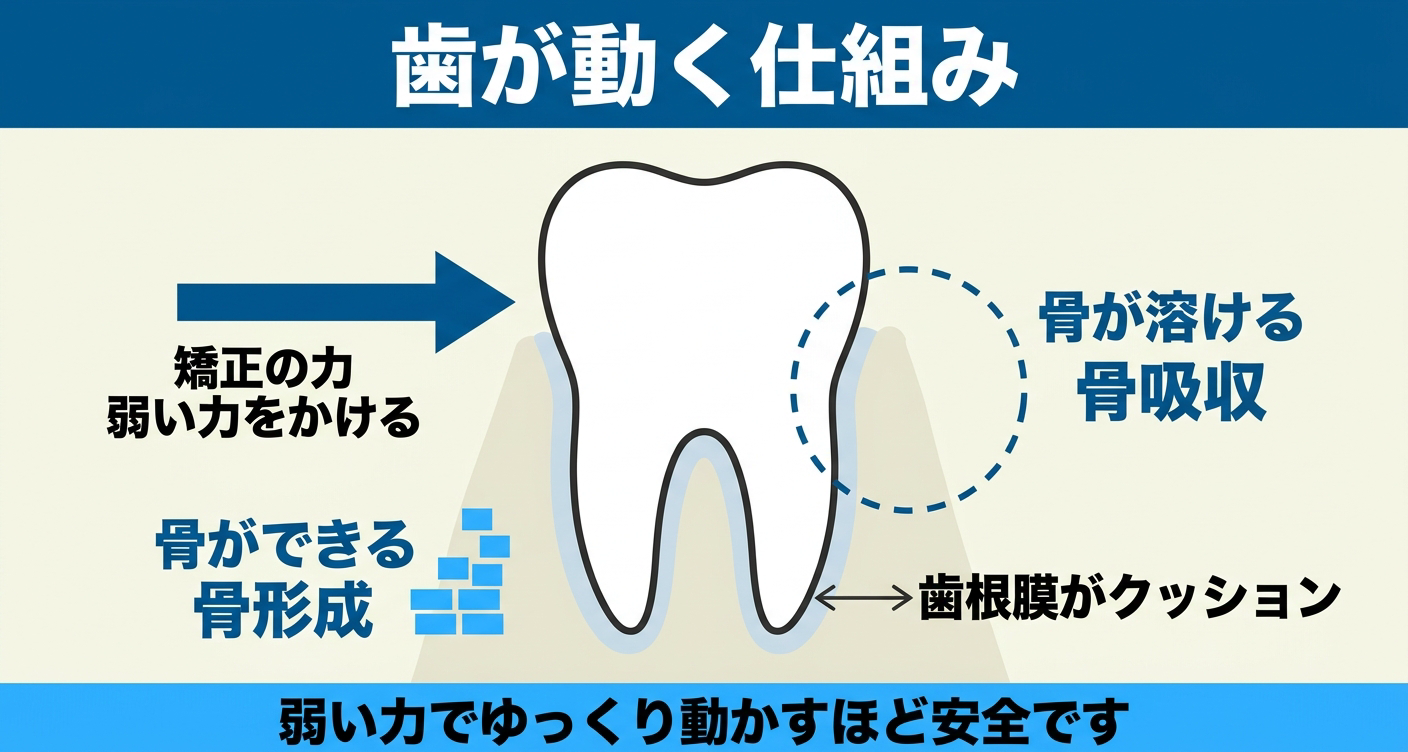 歯列矯正で歯が動く仕組みを1本の歯の断面で示した図解。矯正の弱い力がかかると進む側で骨が溶ける骨吸収が起こり、反対側で骨ができる骨形成が起こり、歯根膜がクッションとしてはたらくことを表した歯科情報イラスト。