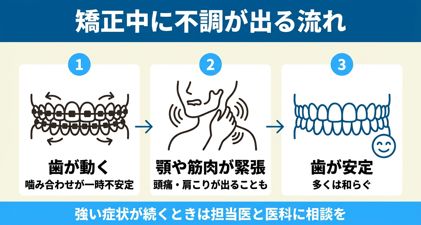 歯列矯正中に不調が出る流れを3段階で示した図解。歯が動いて噛み合わせが一時的に不安定になり、顎や筋肉の緊張で頭痛や肩こりが出ることがあるが、歯が安定すると和らぐ場合があること、強い症状が続くときは相談が必要なことを伝える。
