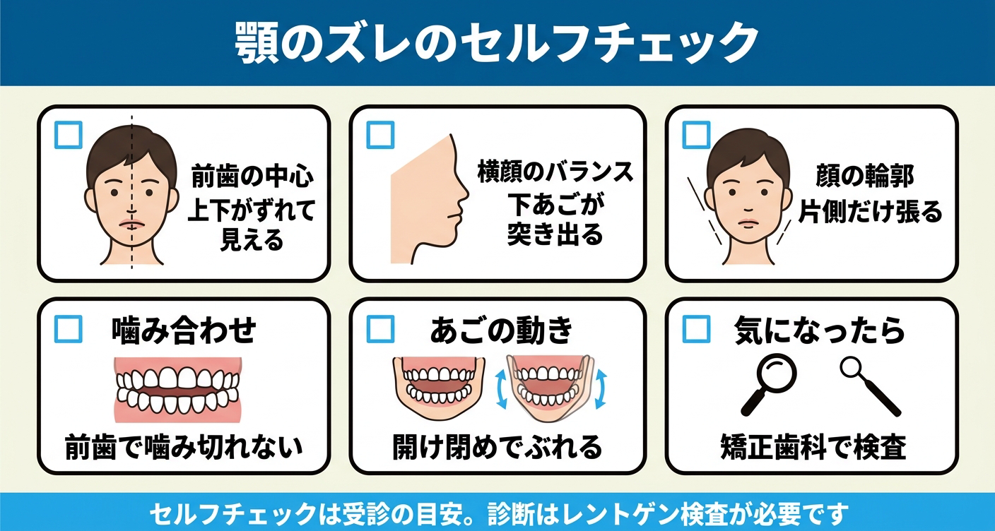 顎のズレのセルフチェック項目を6枚のカードで整理した図解。前歯の中心のズレ、横顔のバランス、顔の輪郭の左右差、前歯で噛み切れない、顎の動きのぶれを確認し、気になれば矯正歯科で検査を、と促す。セルフチェックは受診の目安で診断にはレントゲン検査が必要と示す。