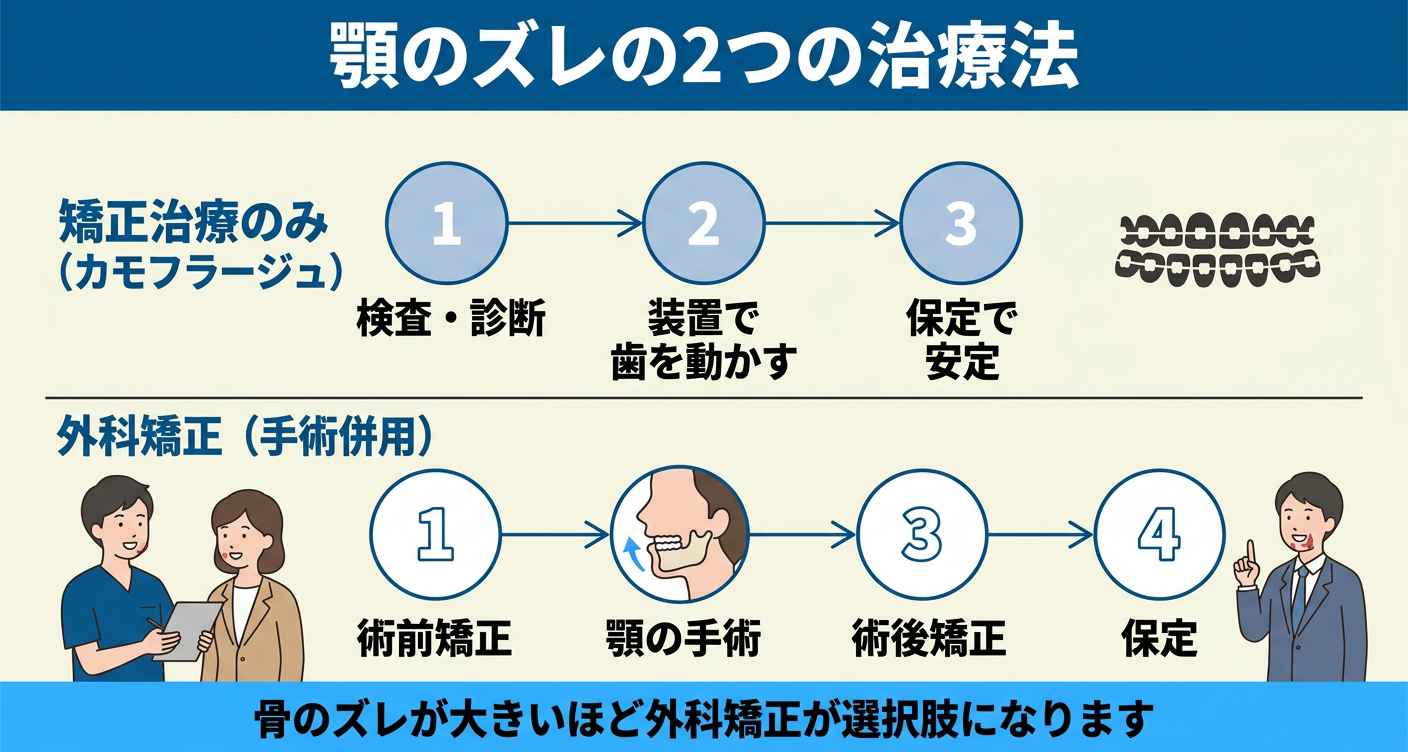 顎のズレの治療法を矯正のみと外科矯正の2段で示した図解。上段は検査・装置で歯を動かす・保定のカモフラージュ治療、下段は術前矯正・顎の手術・術後矯正・保定の外科矯正を流れで並べ、骨のズレが大きいほど外科矯正が選択肢になると伝える。