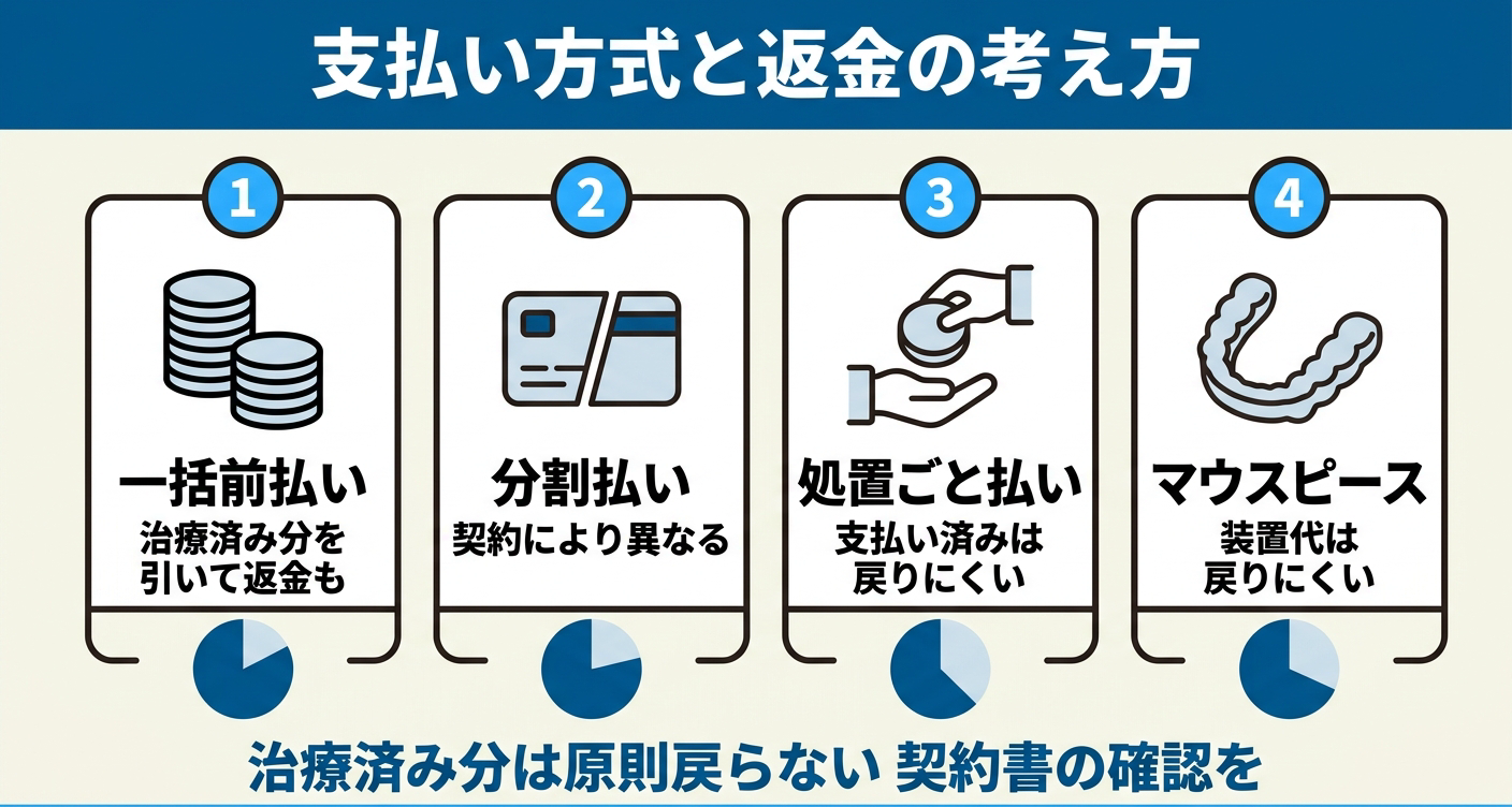 歯列矯正を途中でやめたときの費用と返金の考え方を支払い方式別に整理した図解。一括前払い、分割払い、処置ごと払い、マウスピース矯正の装置代などについて、契約書確認の大切さを伝える。