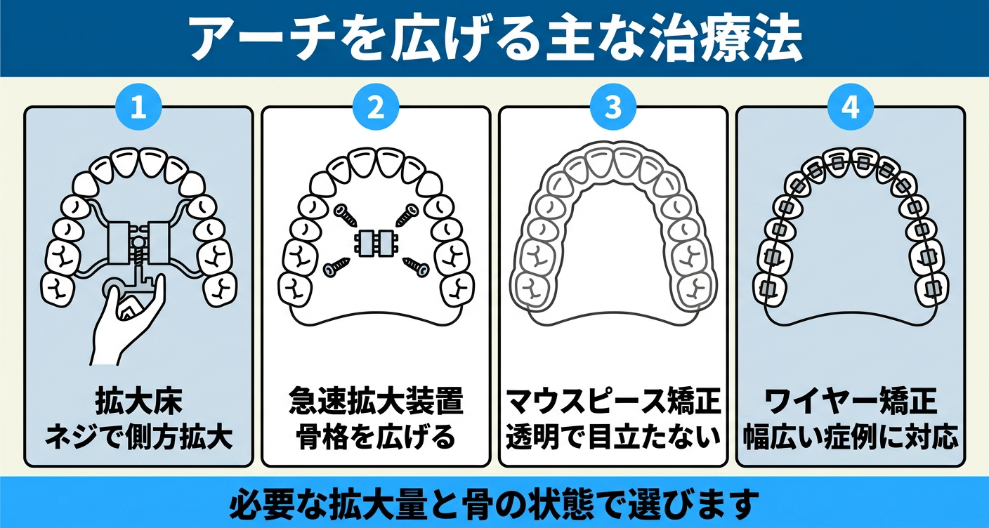 大人が歯列矯正でアーチを広げる主な治療法を比較した図解。取り外し式の拡大床、骨格を広げる急速拡大装置、透明なマウスピース矯正、幅広い症例に対応するワイヤー矯正の4種類を並べ、必要な拡大量と骨の状態で選ぶことを示す。