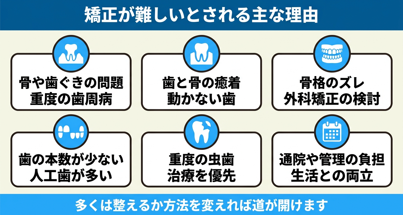 歯列矯正できない人とされる主な理由を6つのカードで整理した図解。重度の歯周病による骨や歯ぐきの問題、歯と骨の癒着、骨格のズレ、歯の本数不足、重度の虫歯、通院や管理の負担を並べ、多くは整えるか方法を変えれば道が開けることを伝える。