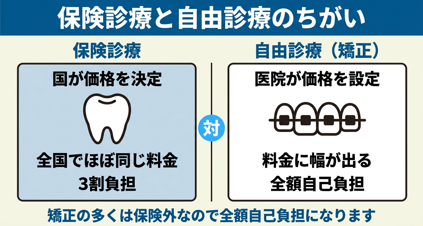 歯列矯正が高い理由を保険診療と自由診療の対比で示した図解。保険は国が価格を決め全国ほぼ同じ料金で3割負担、矯正は自由診療で医院が価格を設定し全額自己負担になることを並べ、なぜ歯列矯正が高いのかを伝える。