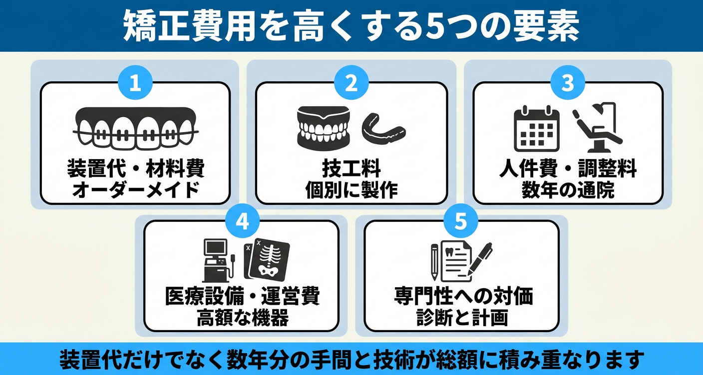 歯列矯正の費用が高くなる内訳を5つの要素で整理した図解。オーダーメイドの装置代・材料費、技工料、数年の通院でかかる人件費・調整料、高額な医療設備・運営費、診断と計画を担う専門性への対価を並べ、なぜ歯列矯正が高いのかをコスト構造で示す。