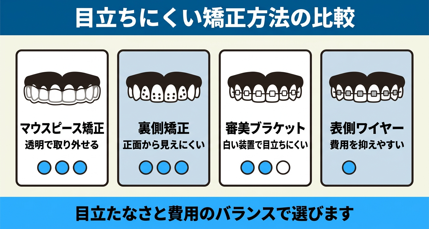 恥ずかしさが気になる男性向けに、目立ちにくい歯列矯正の方法を比較した図解。マウスピース矯正・裏側矯正・審美ブラケット・表側ワイヤーを4パネルで並べ、目立たなさを丸印で示しながら、目立たなさと費用のバランスで選ぶことを伝える。