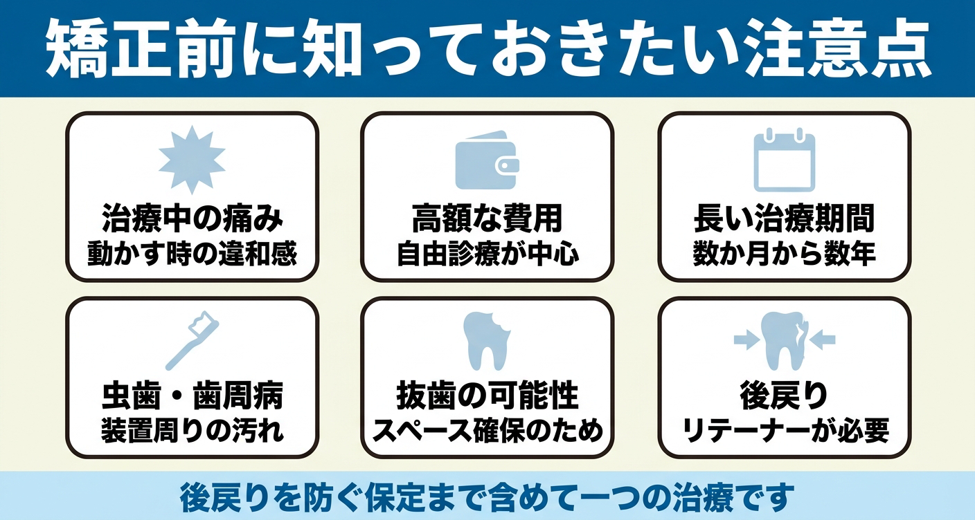 歯列矯正のデメリットと後悔しやすいポイントを整理した図解。治療中の痛み、高額な費用、長い治療期間、虫歯・歯周病リスク、抜歯の可能性、後戻りの6項目をカードで並べ、後戻りを防ぐ保定まで含めて一つの治療であることを伝える。