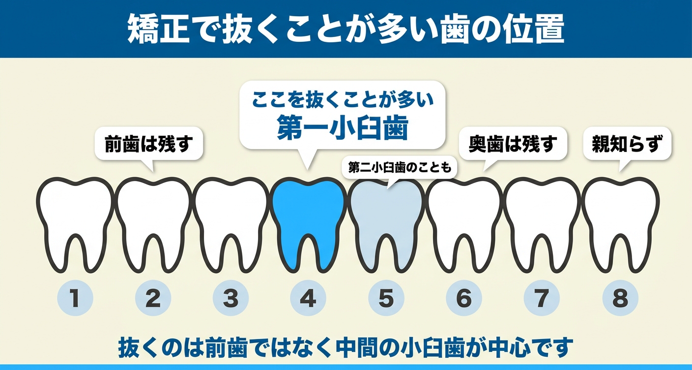 歯列矯正で抜く歯はどこかを歯の位置で示した図解。前から4番目の第一小臼歯を強調し、前歯や奥歯は残して中間の小臼歯を抜くことが多いこと、5番の第二小臼歯や8番の親知らずの位置もあわせて整理している。