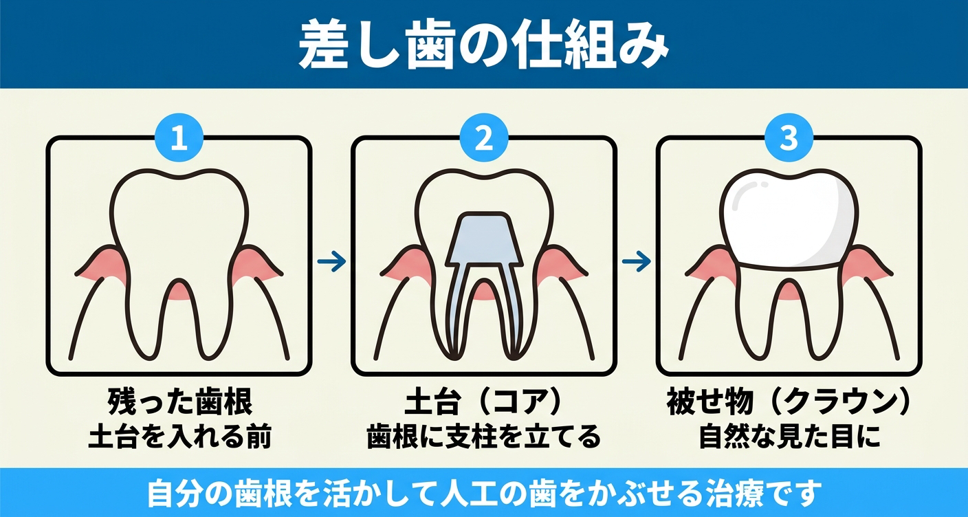 差し歯の仕組みを3ステップで示した図解。残った歯根に土台(コア)を立て、その上に白い被せ物(クラウン)をかぶせる流れを並べ、差し歯が自分の歯根を活かして人工の歯をかぶせる治療であることをやさしく伝える。