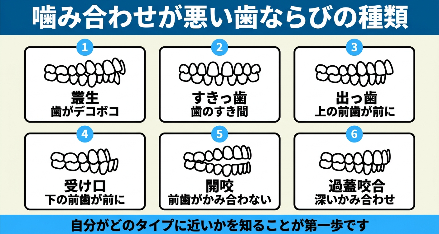 噛み合わせが悪い不正咬合の種類を6つのカードで整理した図解。叢生・すきっ歯・出っ歯・受け口・開咬・過蓋咬合の横から見たかみ合わせの特徴を並べ、自分がどのタイプに近いかを知ることが治療を考える第一歩になることを伝える。