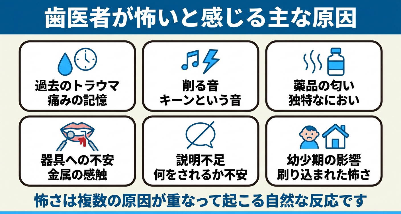 歯医者が怖いと感じる主な原因を6つのカードで整理した図解。過去のトラウマや痛みの記憶、削る音、薬品の匂い、器具への不安、説明不足、幼少期の影響を並べ、怖さは複数の原因が重なって起こる自然な反応であることを伝える。