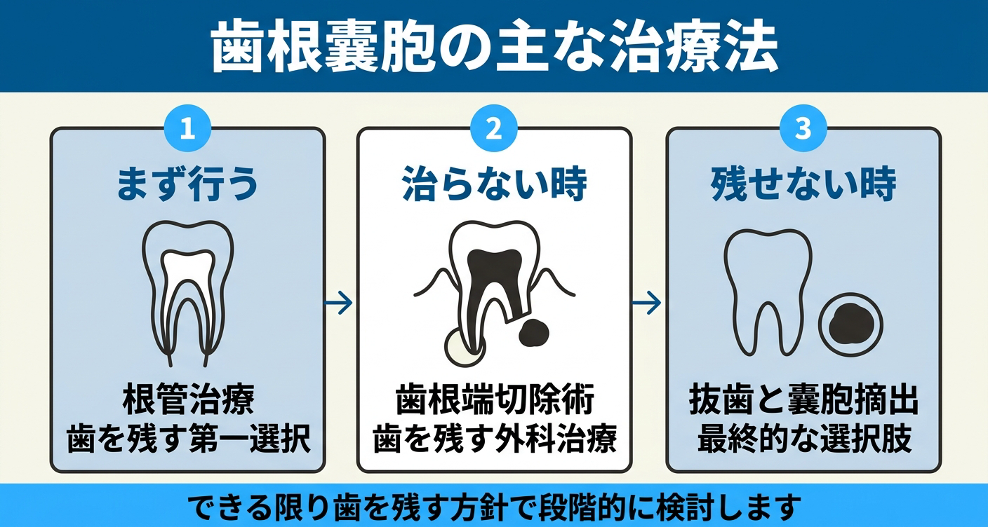 歯根嚢胞の治療法を段階的に示した図解。まず歯を残す根管治療を第一選択とし、改善が難しい場合は歯を残す歯根端切除術、歯を残せない場合は抜歯と嚢胞摘出という流れを3段階で並べ、できる限り歯を残す方針で段階的に検討することを伝える。