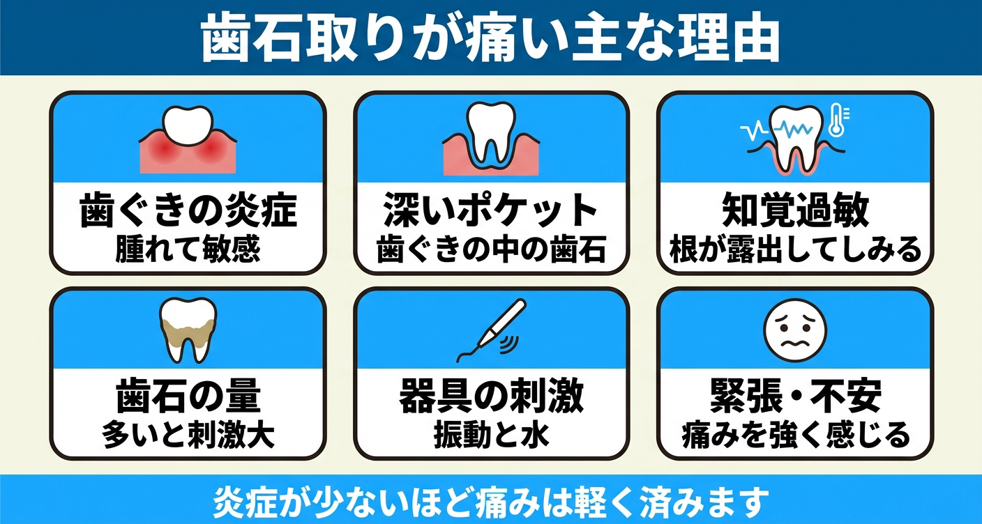 歯石取りが痛いと感じる主な理由を6つのカードで整理した図解。歯ぐきの炎症、深い歯周ポケット、知覚過敏、歯石の量、器具の刺激、緊張や不安を並べ、炎症が少ないほど歯石取りの痛みが軽く済むことを伝える。