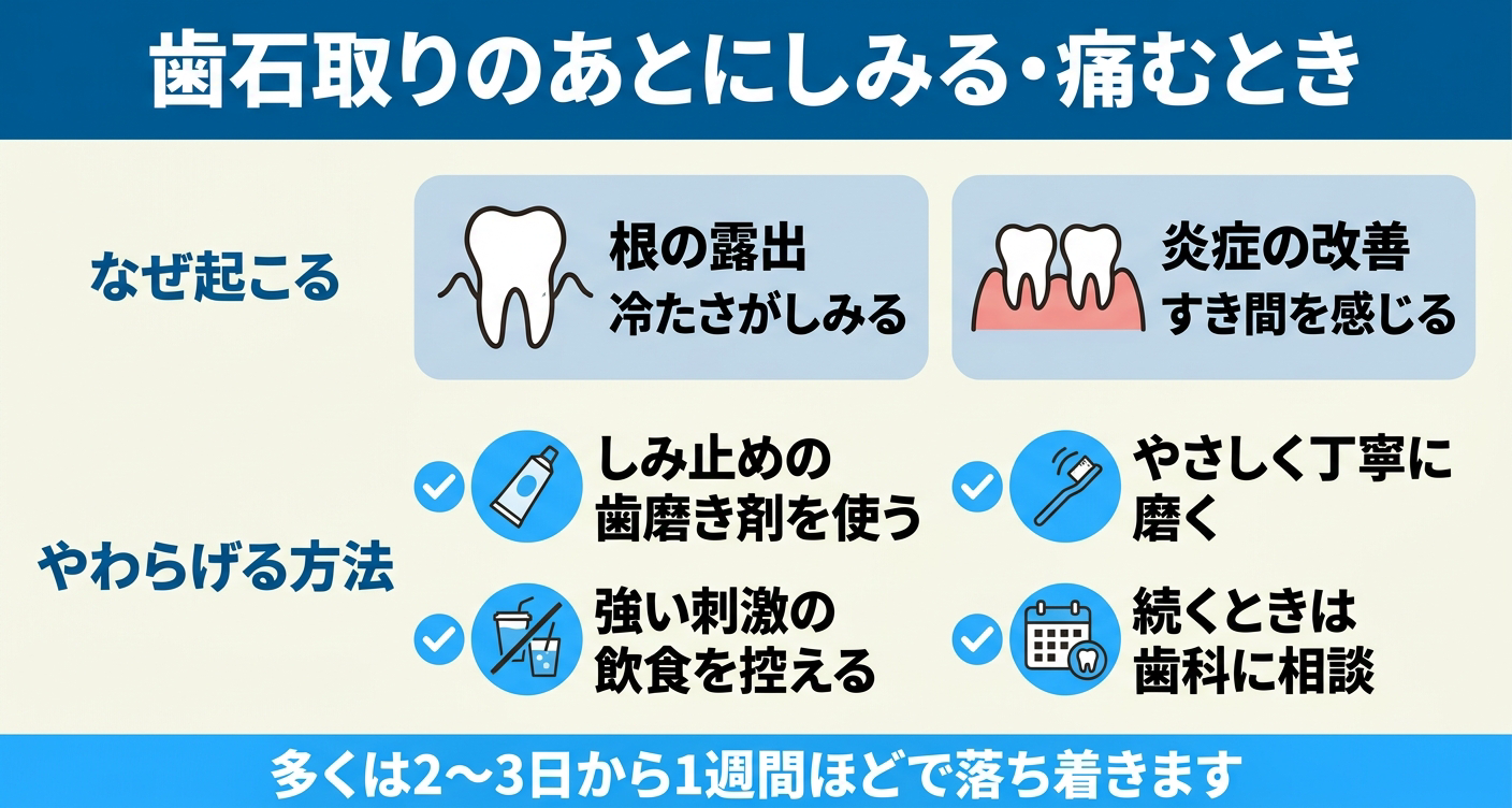 歯石取りの後にしみる・痛むときの原因と対処をまとめた図解。歯の根の露出や炎症改善によるすき間感が原因で、しみ止めの歯磨き剤ややさしい歯磨き、刺激物を控える、続くときは歯科に相談する方法を並べ、多くは2〜3日から1週間で落ち着くことを伝える。