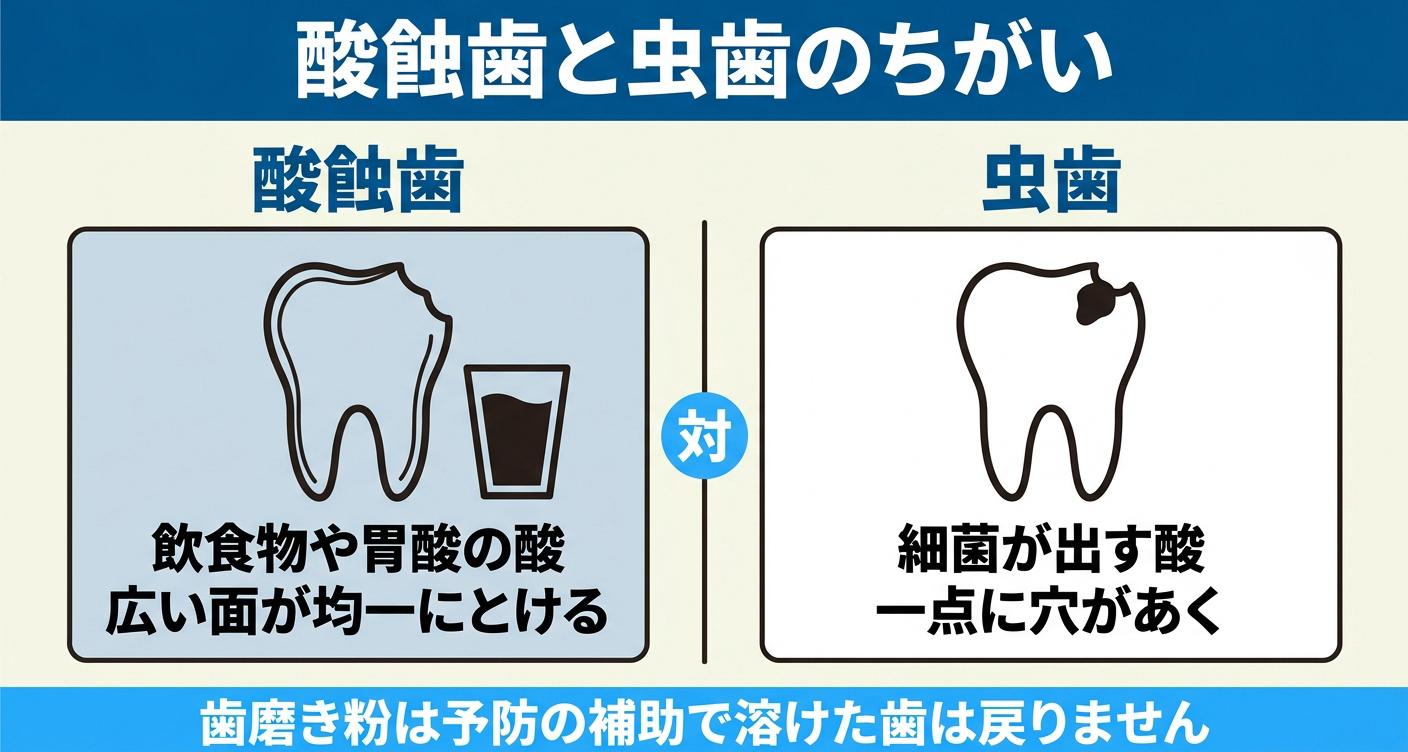 酸蝕歯と虫歯の違いを対比した図解。酸蝕歯は飲食物や胃酸の酸で前歯全体が均一に薄くなる一方、虫歯は細菌の酸で一点に穴が開くことを並べ、歯磨き粉は予防の補助で溶けた歯を元に戻すものではないことを示す。