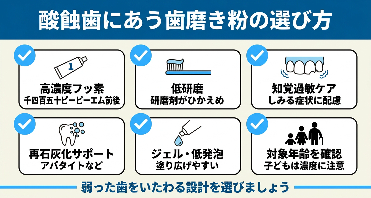 酸蝕歯に合う歯磨き粉の選び方を6つのチェックポイントで整理した図解。高濃度フッ素、低研磨、知覚過敏ケア、再石灰化サポート、ジェル・低発泡、対象年齢の確認を並べ、弱った歯をいたわる設計を選ぶことを伝える。