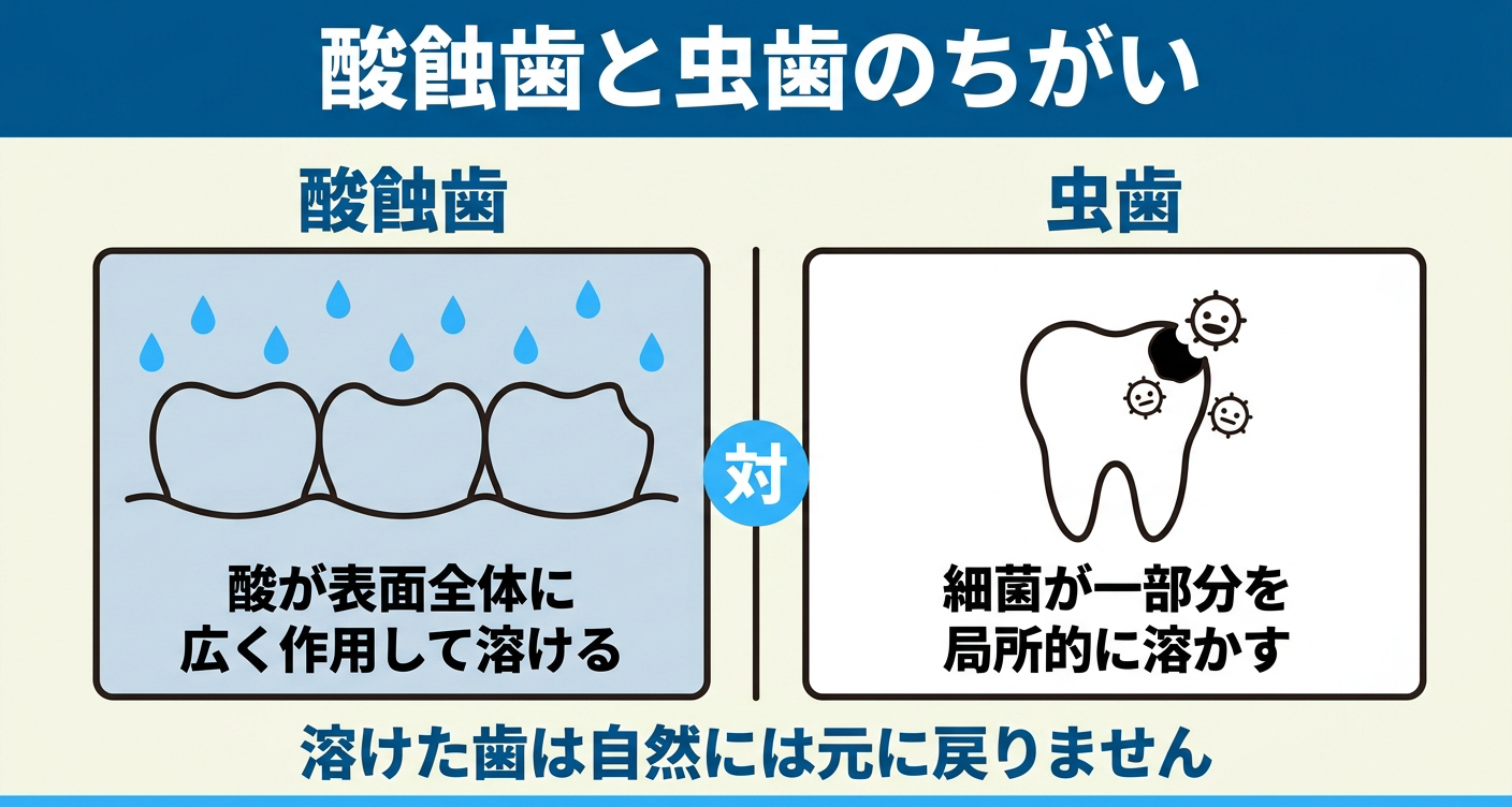 酸蝕歯と虫歯の違いを対比した図解。酸蝕歯は飲食物や胃酸の酸が歯の表面全体に広く作用して溶ける一方、虫歯は細菌が一部分を局所的に溶かすことを並べて示し、溶けた歯は自然には元に戻らないことを伝える歯科情報イラスト。