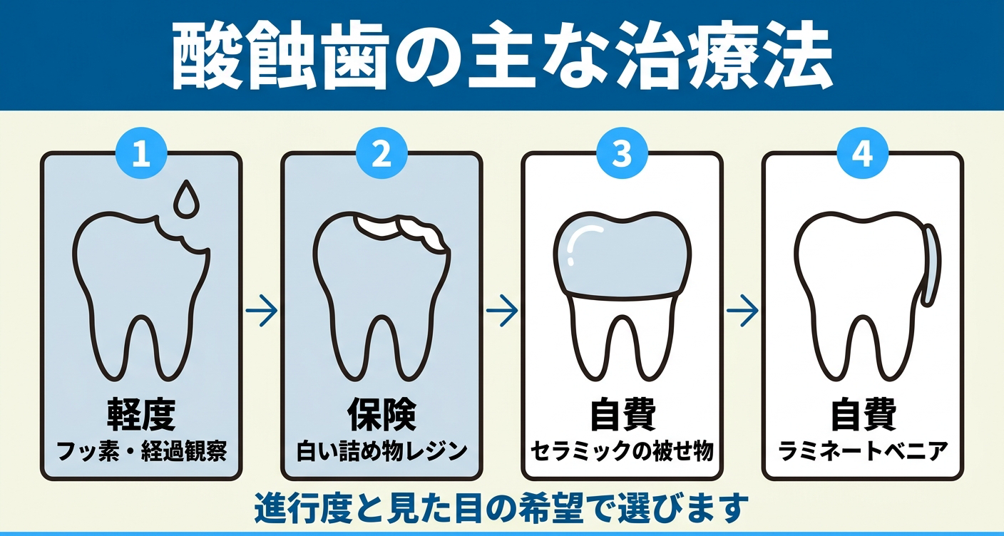 酸蝕歯の治療法を進行度別に4段階で示した図解。軽度はフッ素と経過観察、欠けには保険の白い詰め物レジン、広範囲には自費のセラミックの被せ物、前歯にはラミネートベニアを並べ、進行度と見た目の希望で治療法を選ぶことを伝える歯科情報イラスト。
