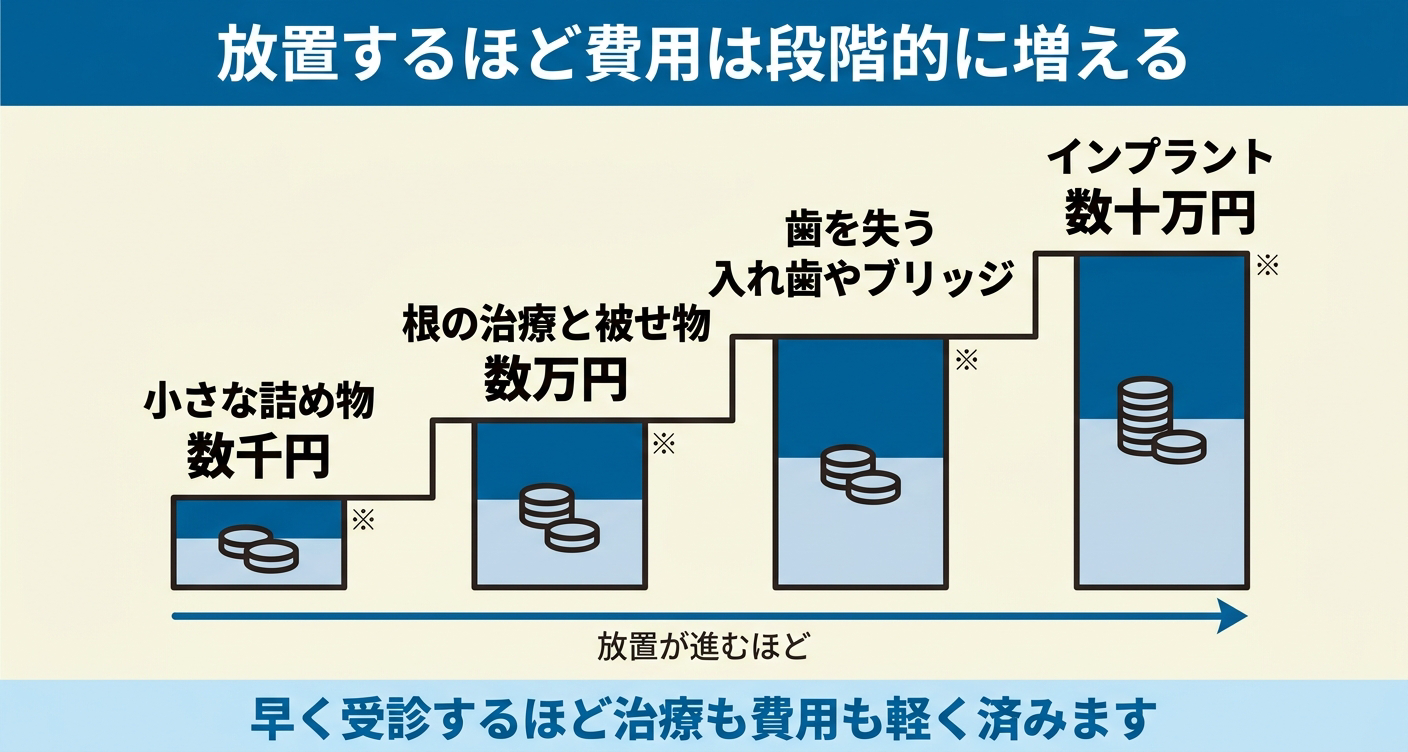 歯医者に行かない末路として治療費が段階的に増える様子を示した図解。小さな詰め物の数千円から、根の治療と被せ物の数万円、歯を失った場合の入れ歯やブリッジ、インプラントの数十万円へと階段状に上がることを表し、早く受診するほど治療も費用も軽く済む可能性があると伝える。