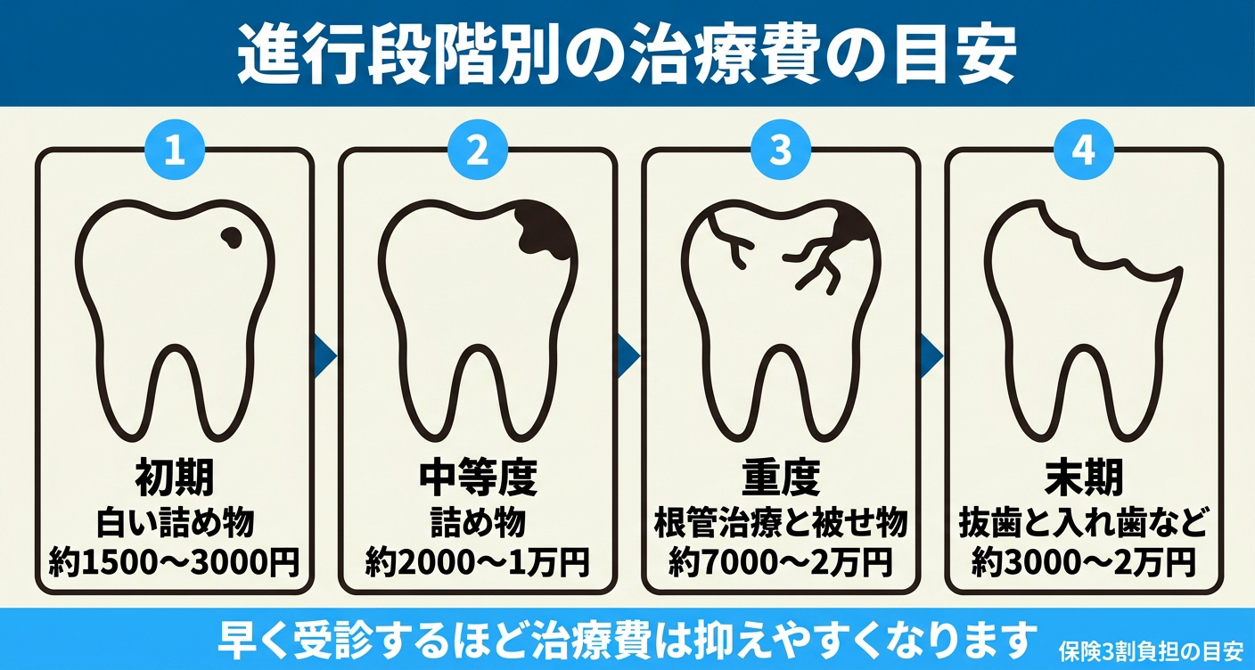 虫歯の治療費を進行段階別に4段階で示した図解。初期の白い詰め物約1500〜3000円から、中等度の詰め物、重度の根管治療と被せ物、末期の抜歯と補綴までの保険3割負担の目安を並べ、早い段階で相談すると治療費を抑えられる可能性があることを伝える。