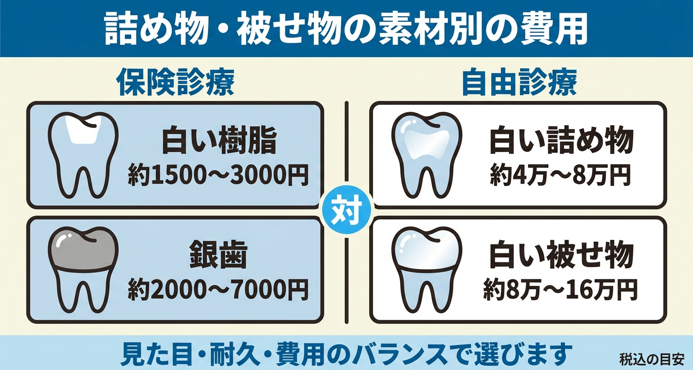 虫歯治療の詰め物・被せ物の費用を保険診療と自由診療で対比した図解。保険は白い樹脂約1500〜3000円や銀歯約2000〜7000円、自由診療は白い詰め物約4万〜8万円や白い被せ物約8万〜16万円を並べ、見た目・耐久・費用のバランスで選ぶことを示す。