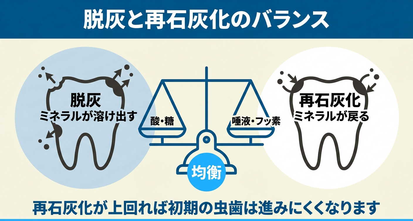 虫歯が自然治癒する仕組みである脱灰と再石灰化のバランスを示した図解。酸や糖でミネラルが溶け出す脱灰と、唾液やフッ素でミネラルが戻る再石灰化をてんびんで表し、再石灰化が上回れば初期の虫歯が進みにくくなることを伝える。