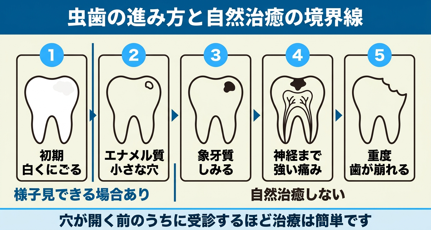 虫歯が自然治癒できる段階とできない段階を左から右へ5段階で示した図解。白くにごる初期までは様子見できる場合があり、エナメル質の穴・象牙質のしみる・神経までの強い痛み・重度の崩壊へ進むと自然治癒しないことを、進行の境界線とともに整理する。