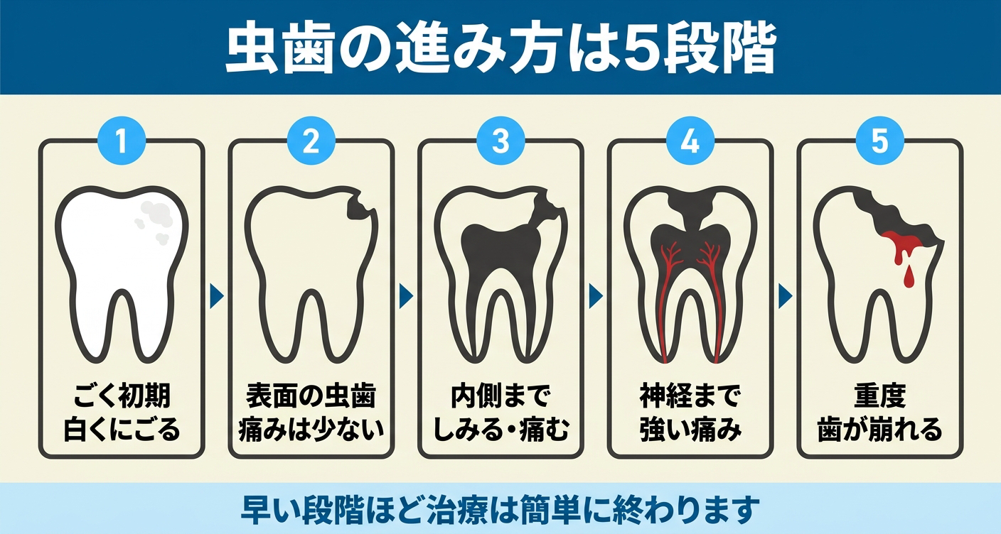 虫歯の進行段階を左から右へ5段階で示した図解。白くにごるごく初期から、表面の虫歯、内側でしみる段階、神経までの強い痛み、重度で歯が崩れる段階まで並べ、早い段階ほど治療が簡単に終わることを伝える。虫歯の放置を防ぐ目安になる。