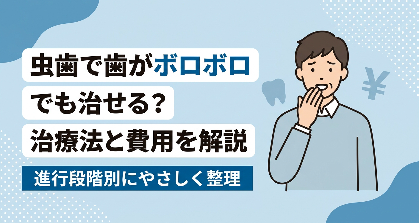 虫歯で歯がボロボロな状態でも治せるのか、進行段階別の治療法と費用の目安をやさしく整理したアイキャッチ。歯の状態を気にして歯科に相談へ来た雰囲気の人物と、奥歯のならびや費用を思わせる抽象シルエットを添えた清潔感のある歯科情報イラスト。