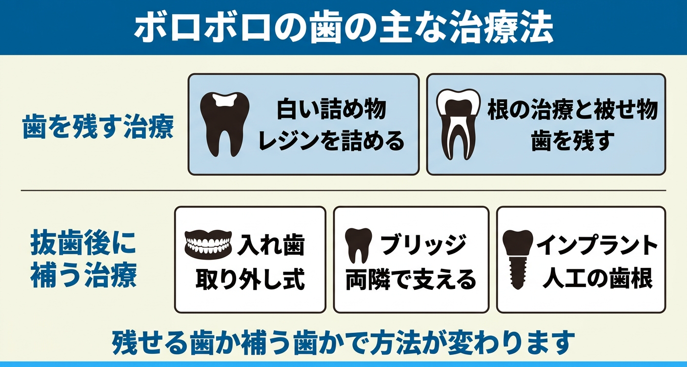 虫歯でボロボロの歯の治療法を歯を残す治療と抜歯後に補う治療で整理した図解。白いレジンの詰め物や根の治療と被せ物、入れ歯・ブリッジ・インプラントを並べ、残せる歯か補う歯かで方法が変わることを示す歯科向けインフォグラフィック。