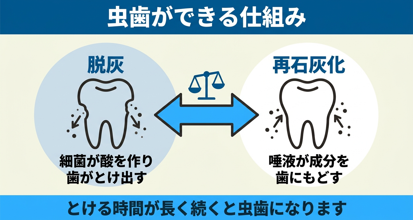 虫歯ができる仕組みを脱灰と再石灰化の対比で示した図解。左に細菌の酸で歯がとけ出す脱灰、右に唾液が成分を歯に戻す再石灰化を並べ、とけている時間が長く続くと虫歯になることを、原因の理解に役立つよう中立に伝える。