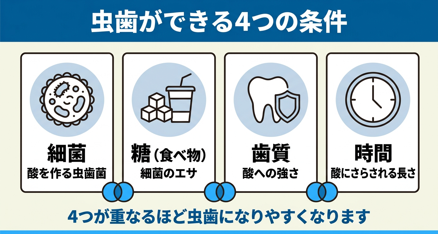 虫歯の原因となる4つの条件を並べた図解。酸を作る細菌、細菌のエサになる糖（食べ物）、酸への強さである歯質、酸にさらされる時間の4枚のパネルを横に並べ、4つが重なるほど虫歯になりやすくなることを中立に整理して伝える。