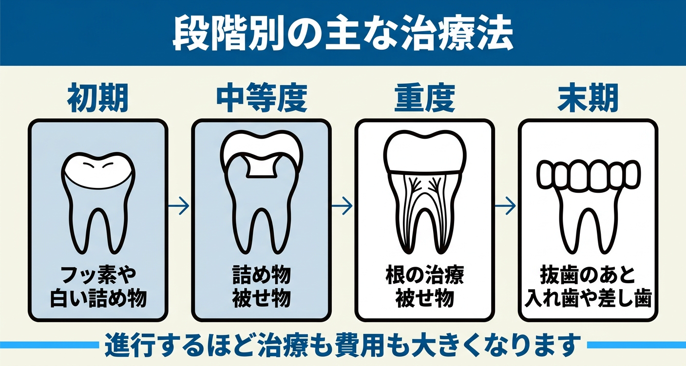 虫歯の段階別の主な治療法を初期・中等度・重度・末期の4段階で示した図解。初期はフッ化物や白い詰め物、中等度は詰め物や被せ物、重度は根の治療と被せ物、末期は抜歯後の入れ歯・ブリッジ・インプラントを並べ、進行するほど治療も費用も大きくなることを伝える。
