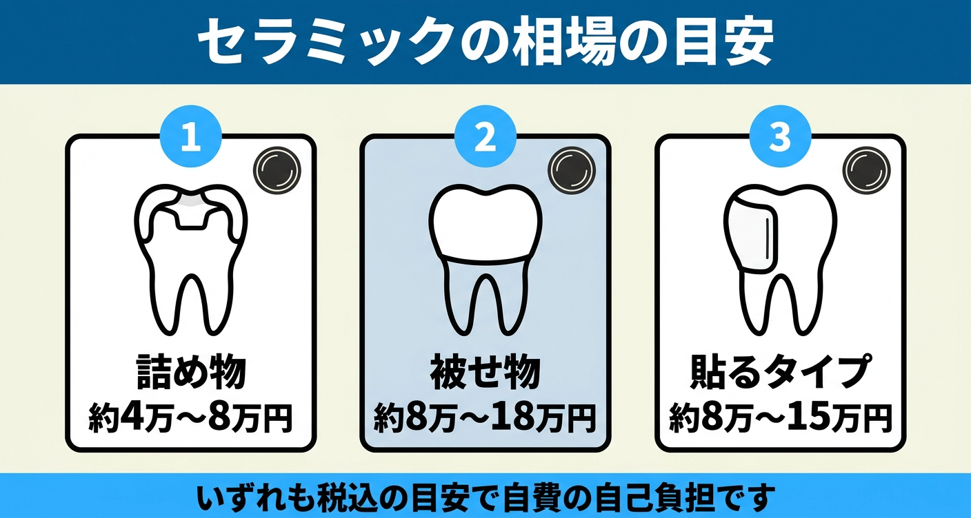 セラミックの歯の相場の目安を3つのカードで示した図解。詰め物が約4万〜8万円、被せ物が約8万〜18万円、貼るタイプのラミネートベニアが約8万〜15万円と、税込の自費目安を並べ、治療範囲で費用が変わることを伝える。