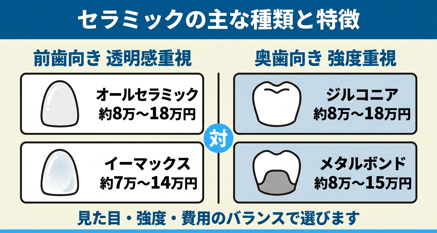 セラミックの主な種類と特徴を前歯向きと奥歯向きで対比した図解。透明感重視の前歯にはオールセラミックやイーマックス、強度重視の奥歯にはジルコニアやメタルボンドを並べ、税込費用の目安とともに見た目・強度・費用のバランスで選ぶことを示す。