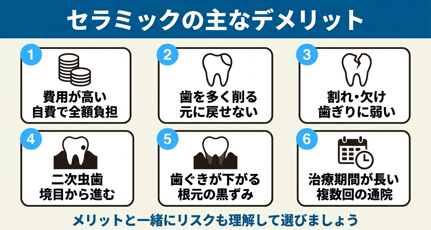 セラミック治療の主なデメリットを6つのカードで示した図解。費用が高い、歯を多く削る、割れ・欠け、二次虫歯、歯ぐきが下がる根元の黒ずみ、治療期間が長いを並べ、メリットと一緒にリスクも理解して選ぶことを伝える。