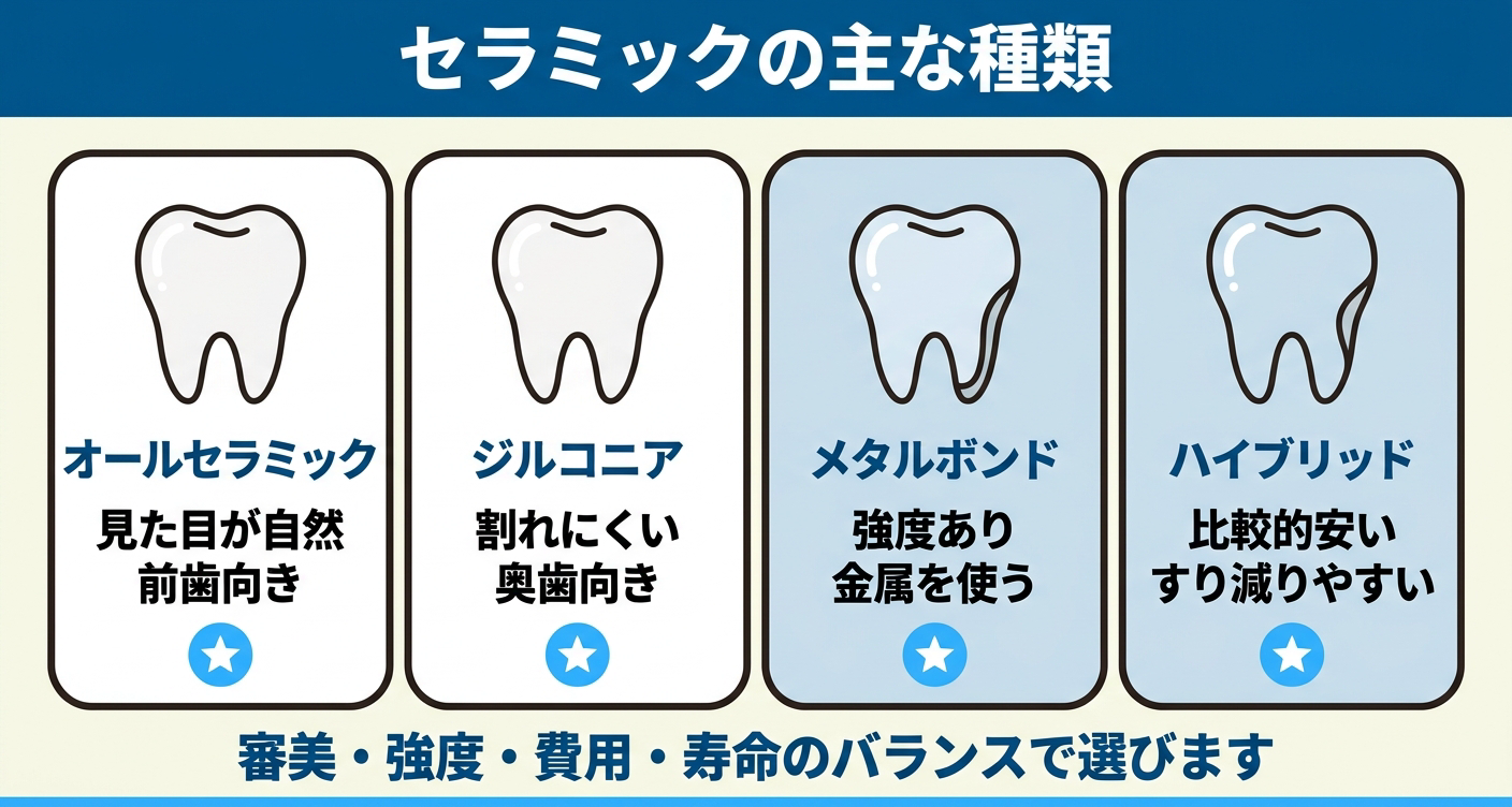 セラミックの主な種類を4つのパネルで比較した図解。見た目が自然で前歯向きのオールセラミック、割れにくく奥歯向きのジルコニア、強度はあるが金属を使うメタルボンド、比較的安いハイブリッドを並べ、審美・強度・費用・寿命のバランスで選ぶことを示す。